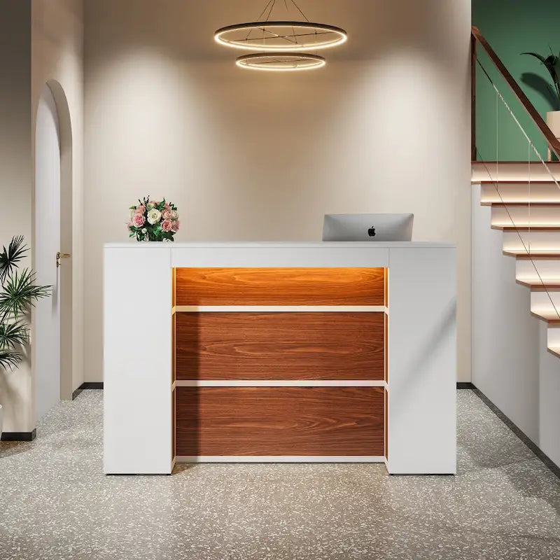 Bureau d'accueil LED 1 personne en noyer blanc/noir de 160 cm avec panneau d'intimité