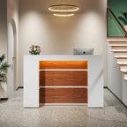 Bureau d'accueil LED 1 personne en noyer blanc/noir de 160 cm avec panneau d'intimité