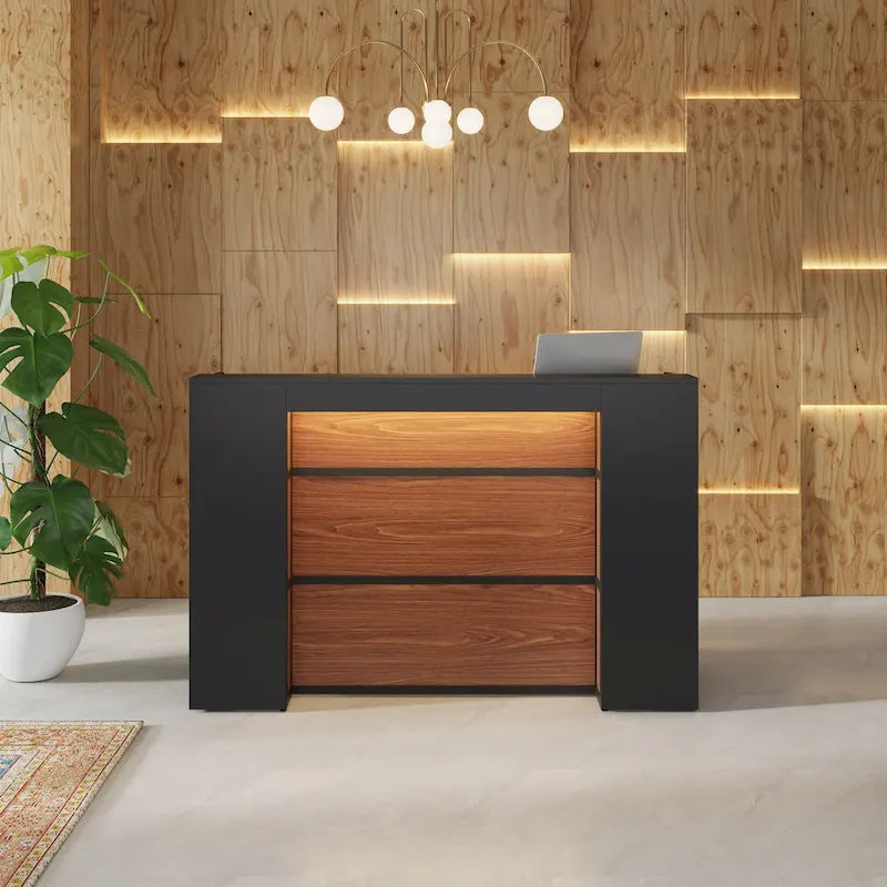 Bureau d'accueil LED 1 personne en noyer blanc/noir de 160 cm avec panneau d'intimité
