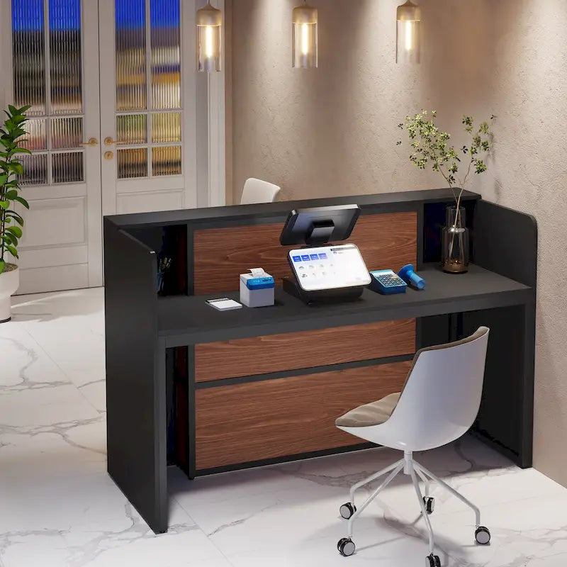 Bureau d'accueil LED 1 personne en noyer blanc/noir de 160 cm avec panneau d'intimité