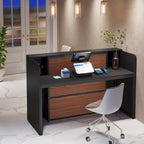 Bureau d'accueil LED 1 personne en noyer blanc/noir de 160 cm avec panneau d'intimité