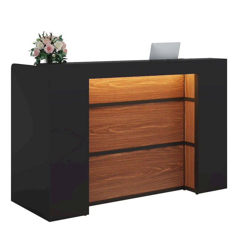 Bureau d'accueil LED 1 personne en noyer blanc/noir de 160 cm avec panneau d'intimité
