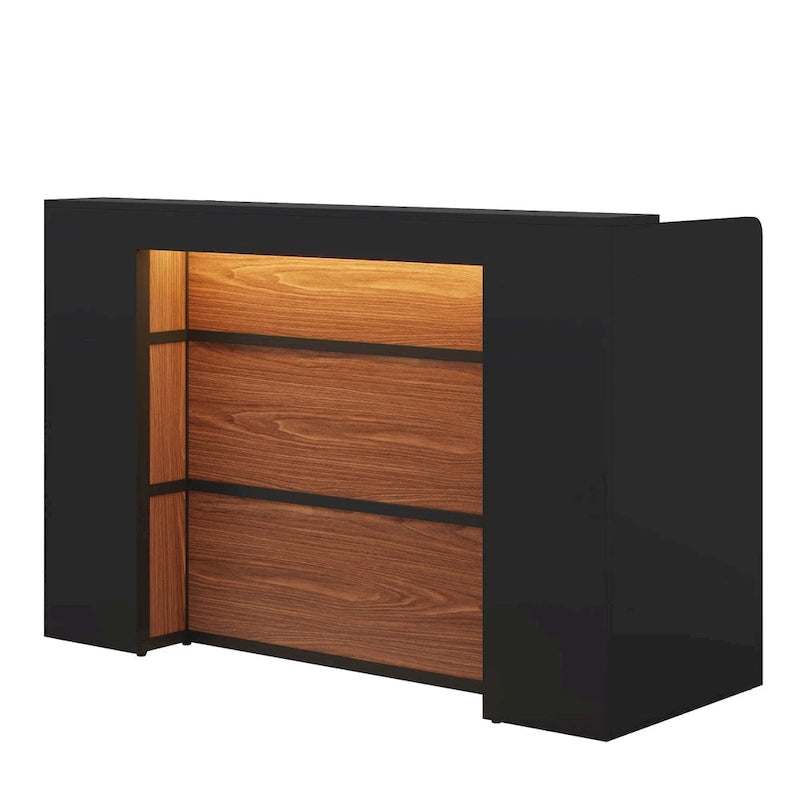 Bureau d'accueil LED 1 personne en noyer blanc/noir de 160 cm avec panneau d'intimité