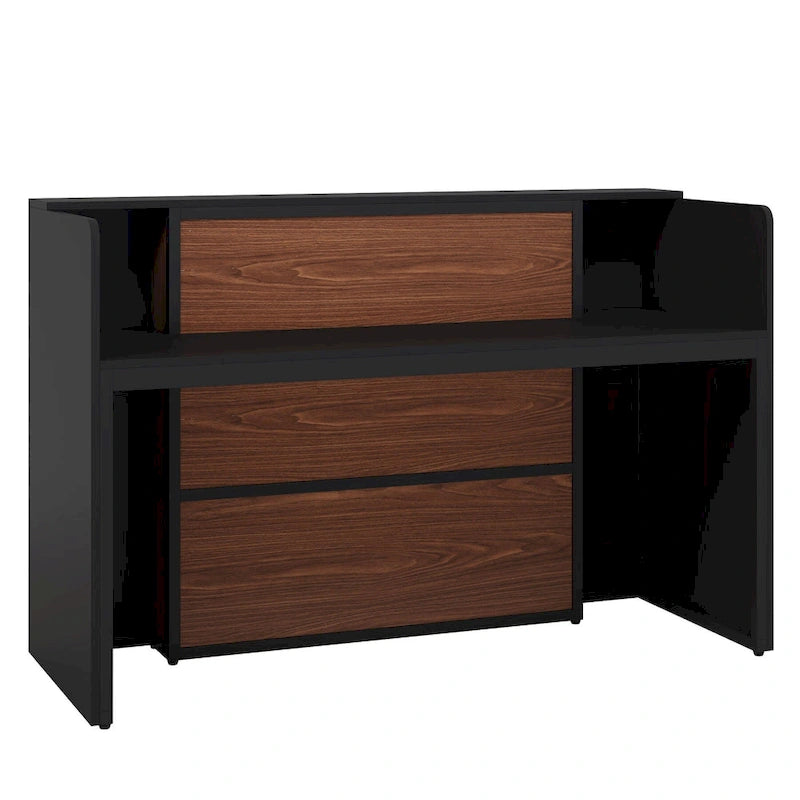Bureau d'accueil LED 1 personne en noyer blanc/noir de 160 cm avec panneau d'intimité