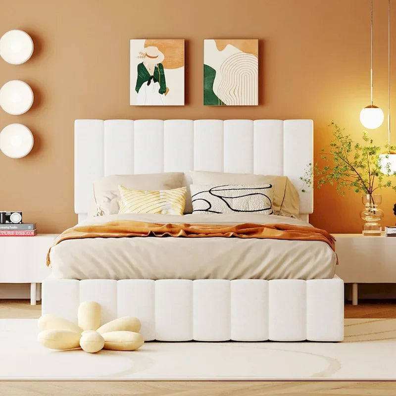 Lit plateforme blanc capitonné avec rangement hydraulique – Taille complète, pour 2 personnes