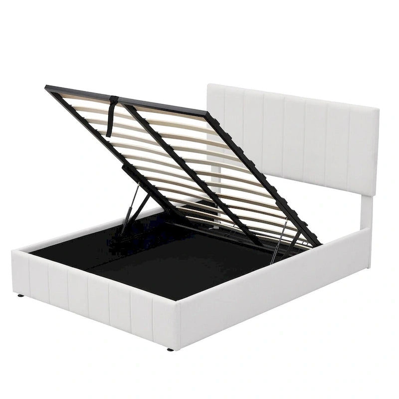 Lit plateforme blanc capitonné avec rangement hydraulique – Taille complète, pour 2 personnes