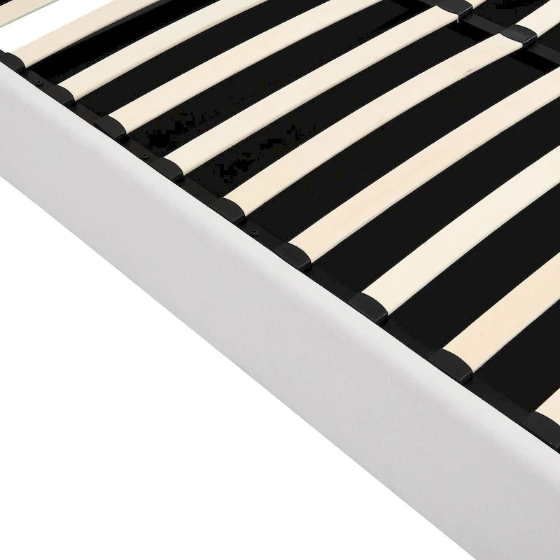 Lit plateforme blanc capitonné avec rangement hydraulique – Taille complète, pour 2 personnes