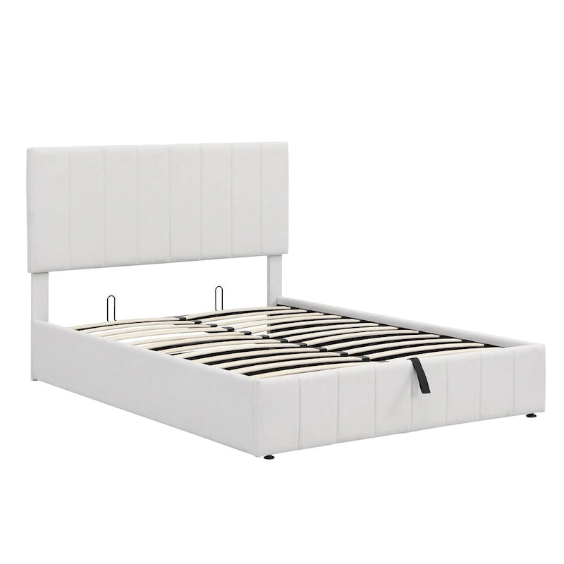 Lit plateforme blanc capitonné avec rangement hydraulique – Taille complète, pour 2 personnes