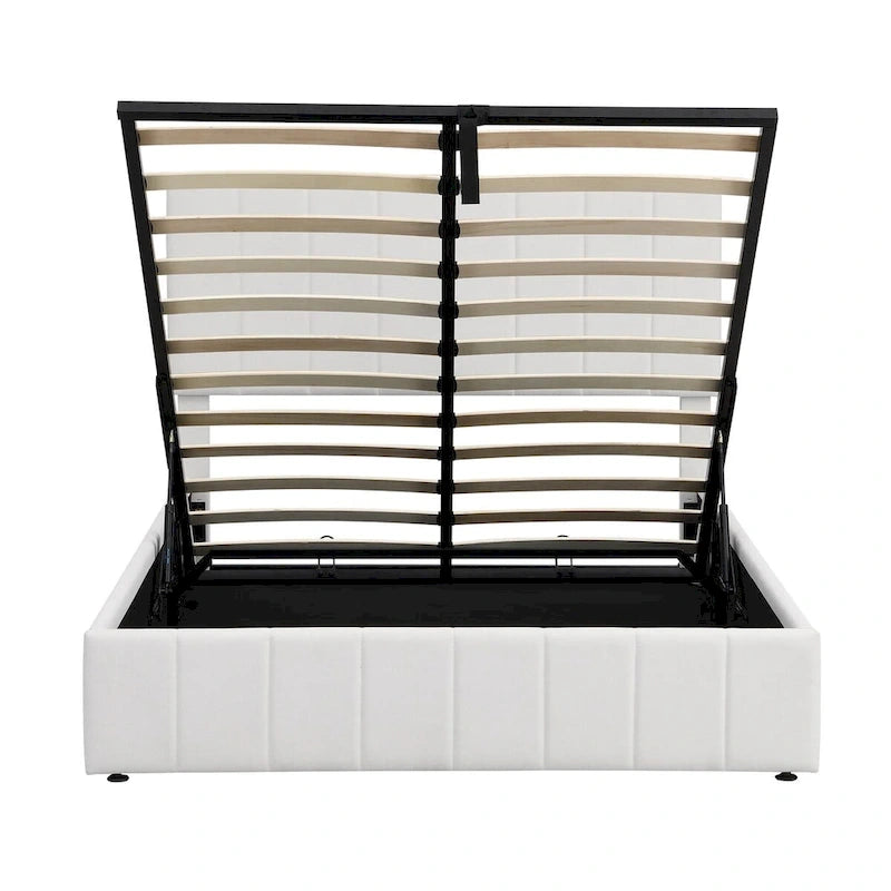 Lit plateforme blanc capitonné avec rangement hydraulique – Taille complète, pour 2 personnes