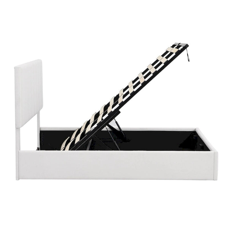 Lit plateforme blanc capitonné avec rangement hydraulique – Taille complète, pour 2 personnes