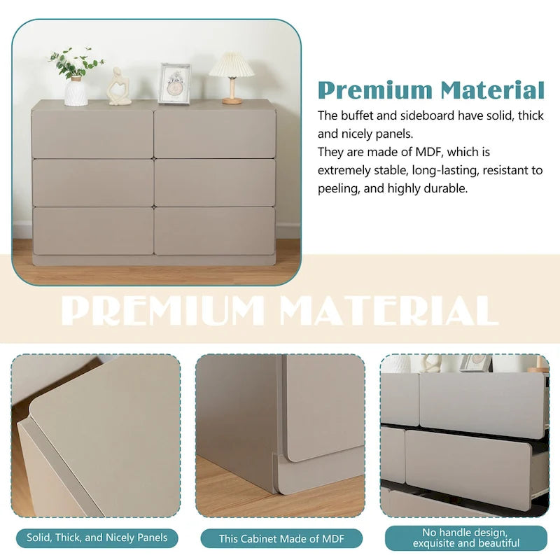 Commode sans poignée à 6 tiroirs, gris clair / gris foncé / marron, style moderne, usage unique