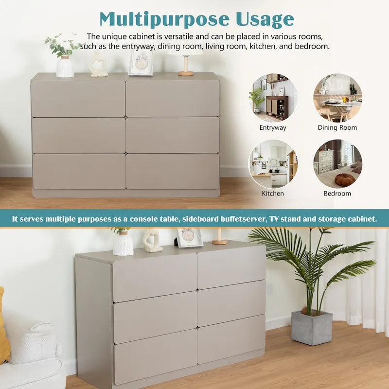 Commode sans poignée à 6 tiroirs, gris clair / gris foncé / marron, style moderne, usage unique
