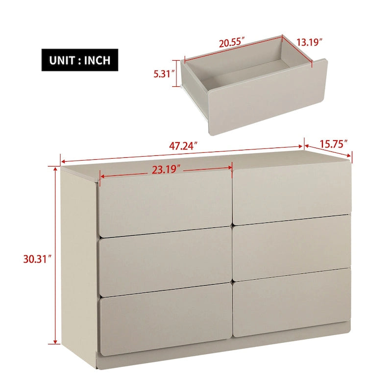 Commode sans poignée à 6 tiroirs, gris clair / gris foncé / marron, style moderne, usage unique