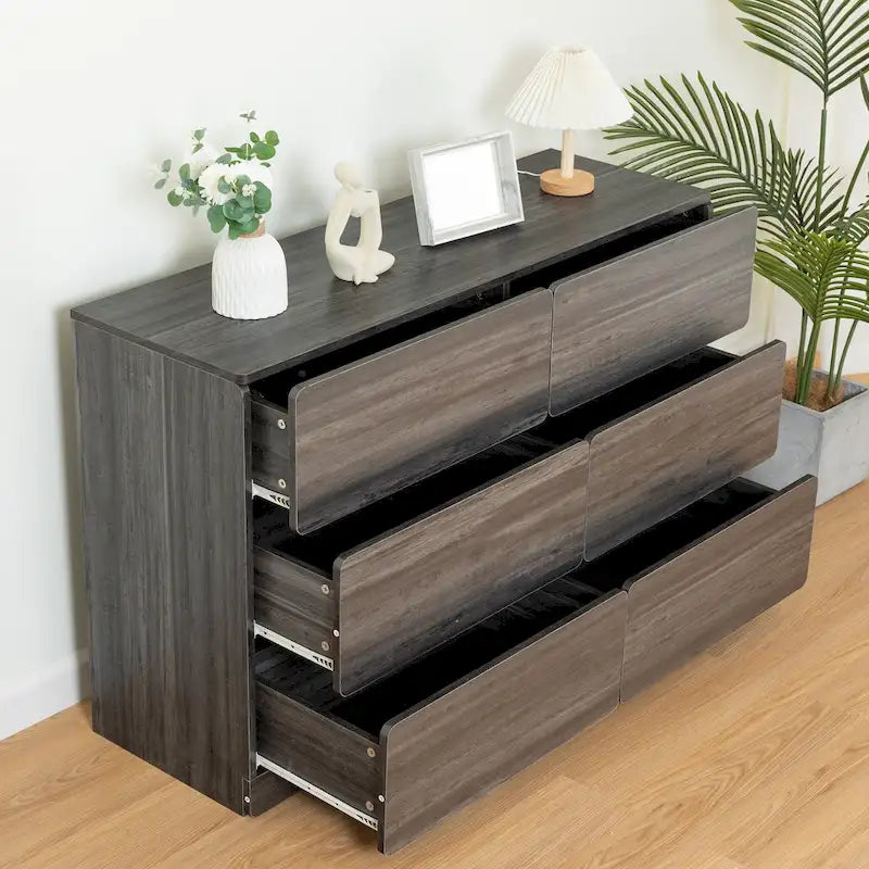 Commode sans poignée à 6 tiroirs, gris clair / gris foncé / marron, style moderne, usage unique