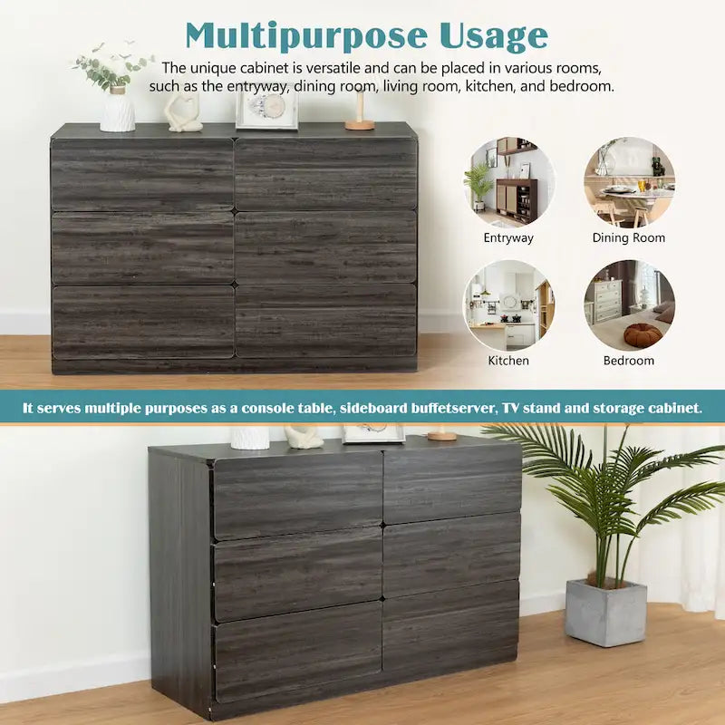 Commode sans poignée à 6 tiroirs, gris clair / gris foncé / marron, style moderne, usage unique