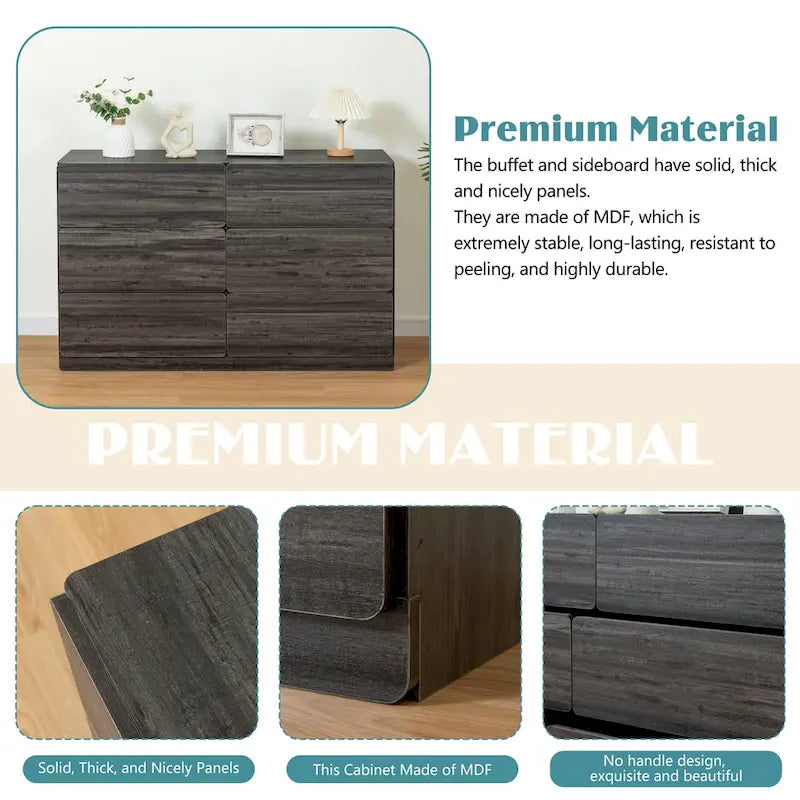 Commode sans poignée à 6 tiroirs, gris clair / gris foncé / marron, style moderne, usage unique
