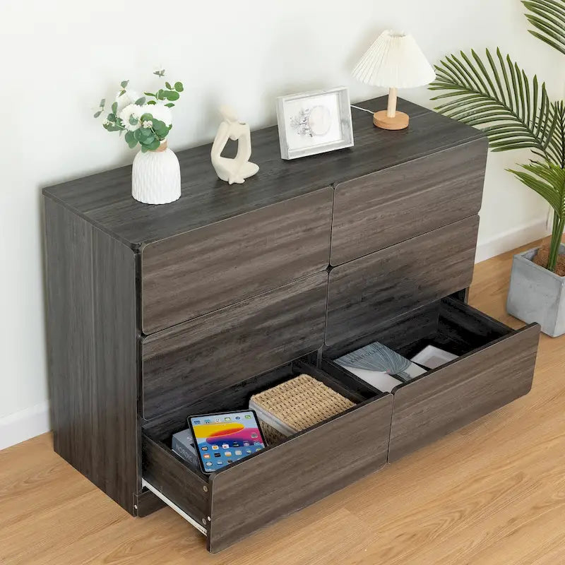 Commode sans poignée à 6 tiroirs, gris clair / gris foncé / marron, style moderne, usage unique