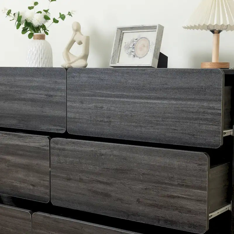 Commode sans poignée à 6 tiroirs, gris clair / gris foncé / marron, style moderne, usage unique