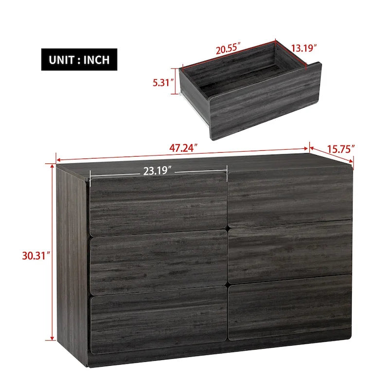 Commode sans poignée à 6 tiroirs, gris clair / gris foncé / marron, style moderne, usage unique