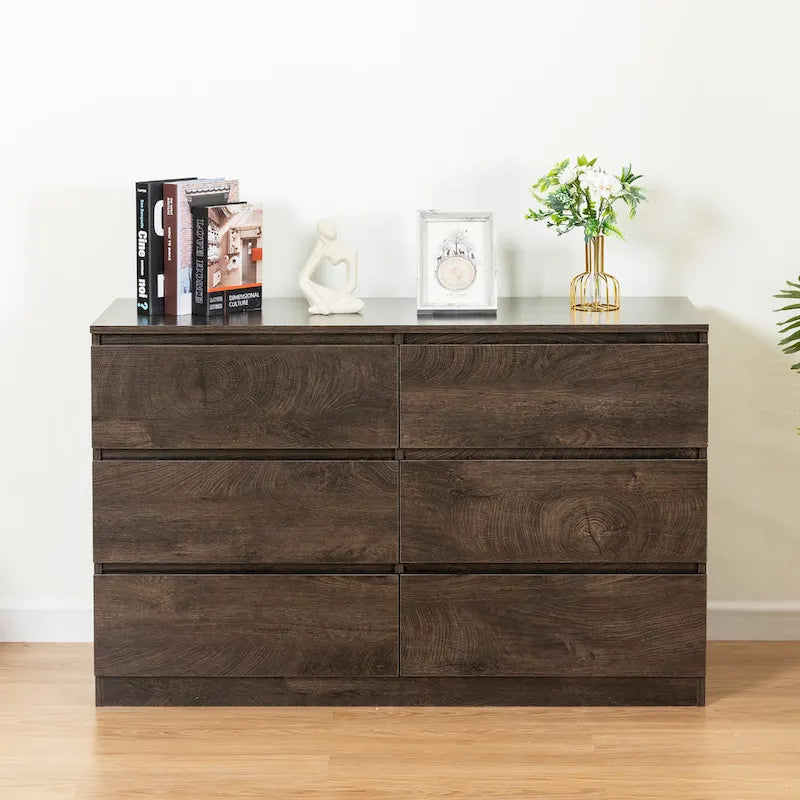 Commode sans poignée à 6 tiroirs, gris clair / gris foncé / marron, style moderne, usage unique