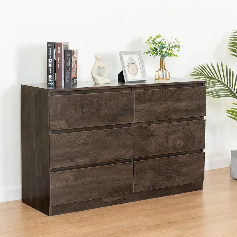 Commode sans poignée à 6 tiroirs, gris clair / gris foncé / marron, style moderne, usage unique