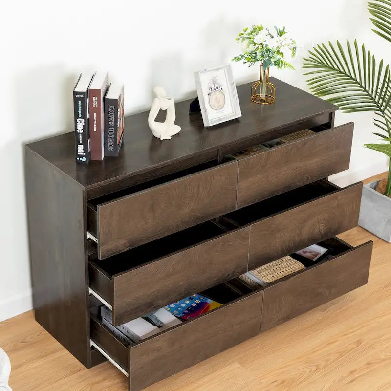 Commode sans poignée à 6 tiroirs, gris clair / gris foncé / marron, style moderne, usage unique