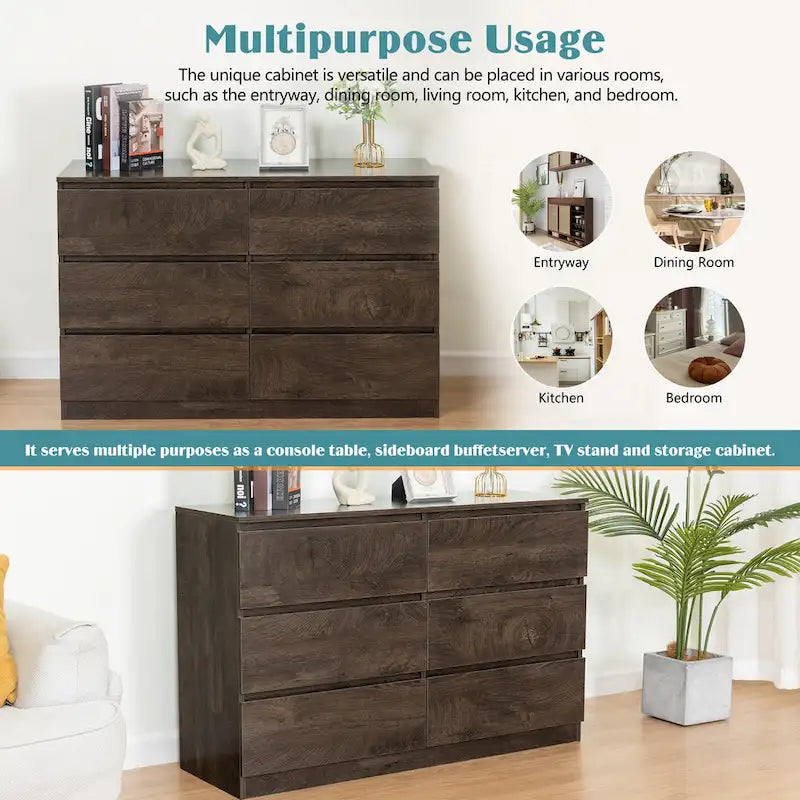 Commode sans poignée à 6 tiroirs, gris clair / gris foncé / marron, style moderne, usage unique