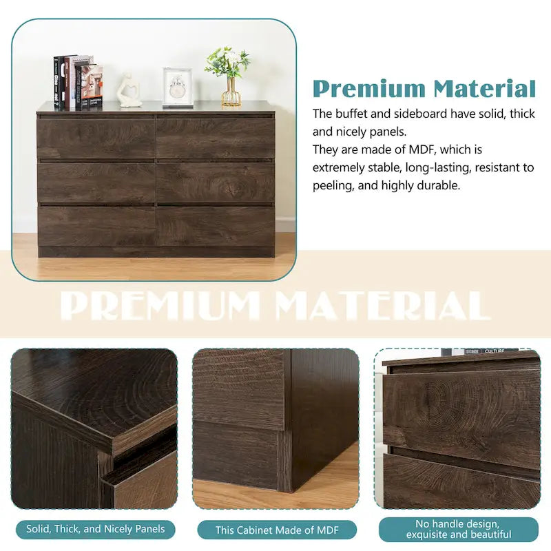 Commode sans poignée à 6 tiroirs, gris clair / gris foncé / marron, style moderne, usage unique