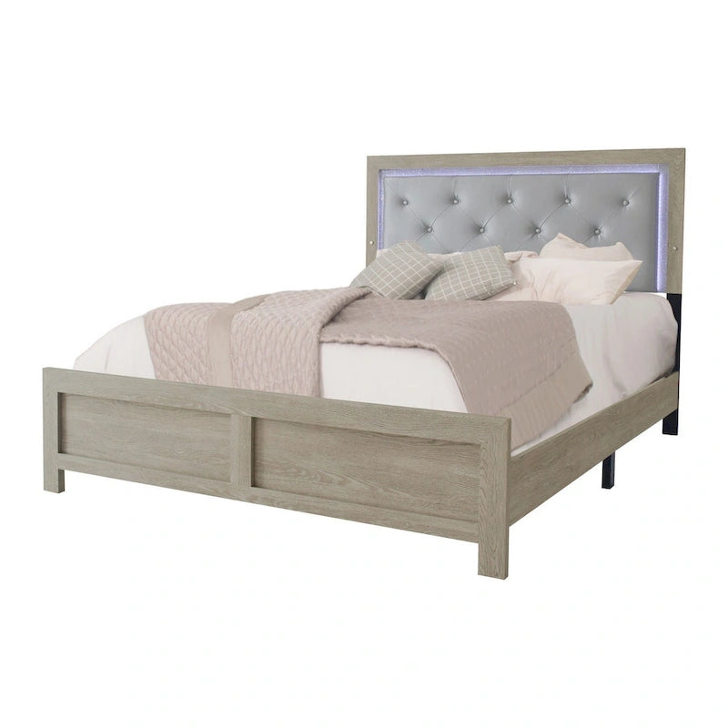 Lit King Size - Gris, tête de lit capitonnée avec LED, Pour 2