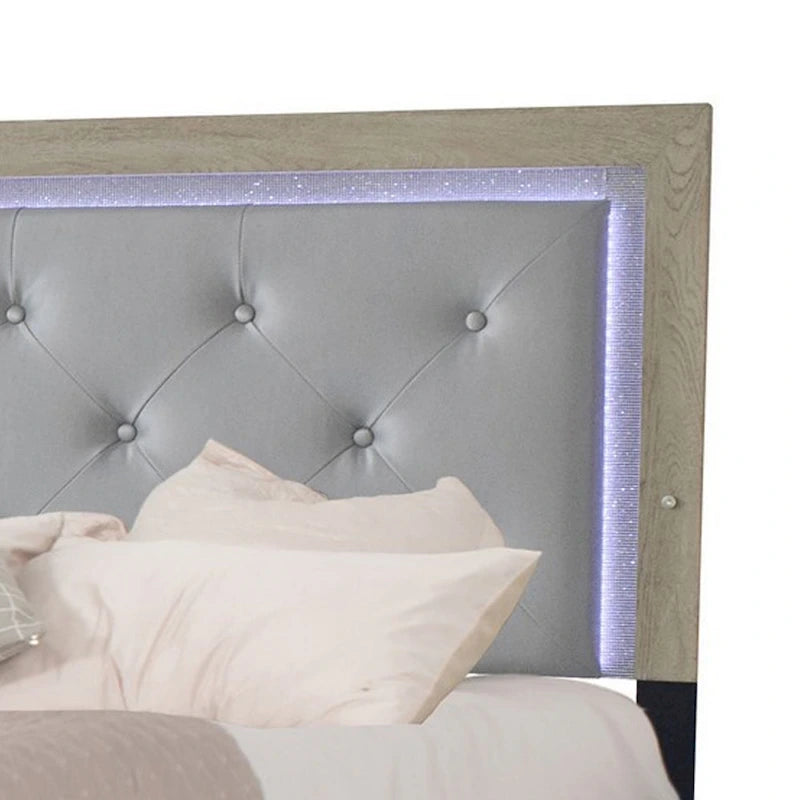Lit King Size - Gris, tête de lit capitonnée avec LED, Pour 2