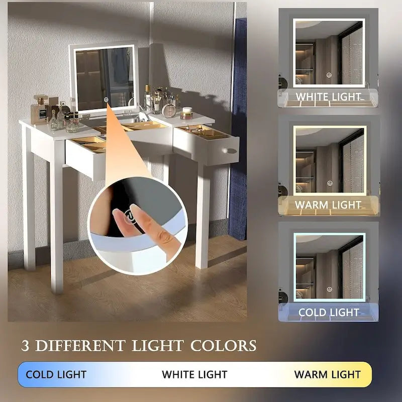 Coiffeuse grise/blanche avec miroir rabattable et lumières LED – 1 personne