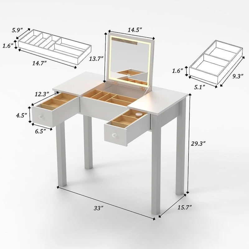 Coiffeuse grise/blanche avec miroir rabattable et lumières LED – 1 personne