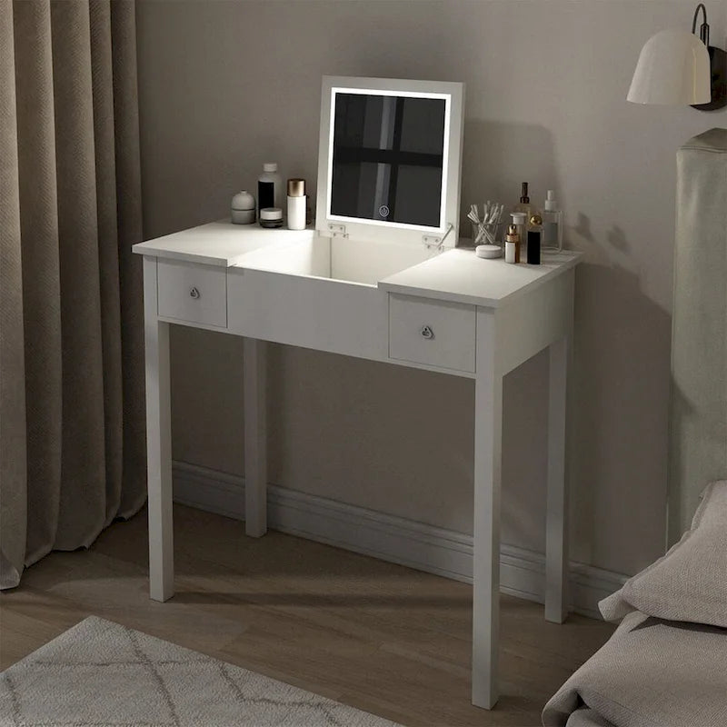 Coiffeuse grise/blanche avec miroir rabattable et lumières LED – 1 personne