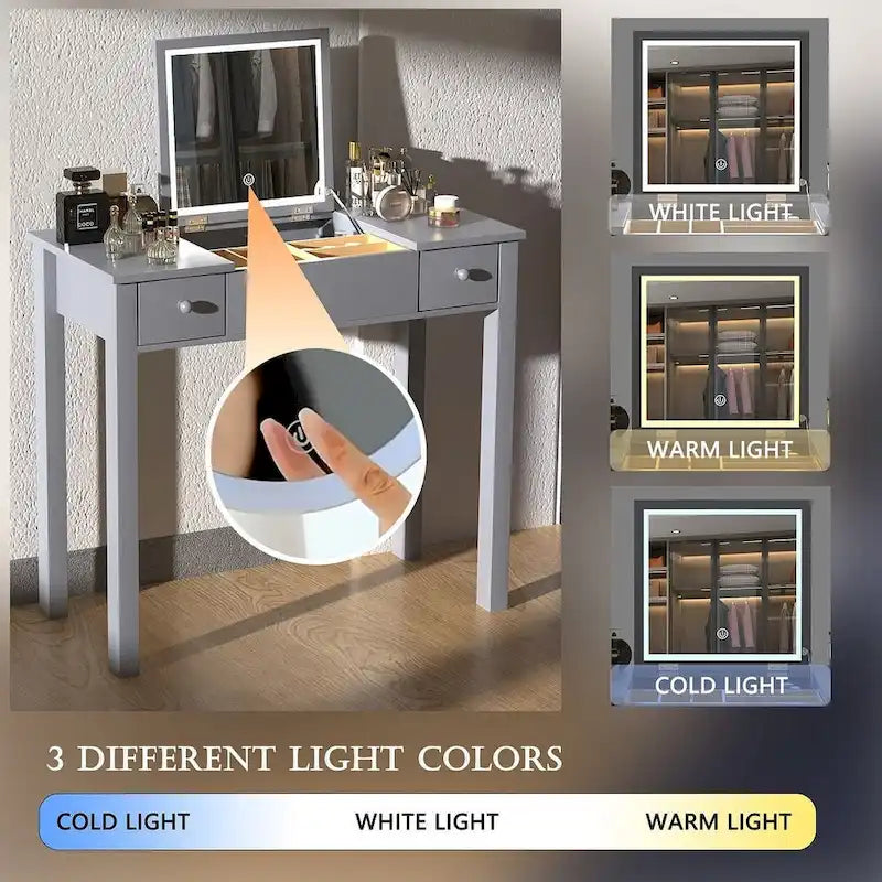 Coiffeuse grise/blanche avec miroir rabattable et lumières LED – 1 personne
