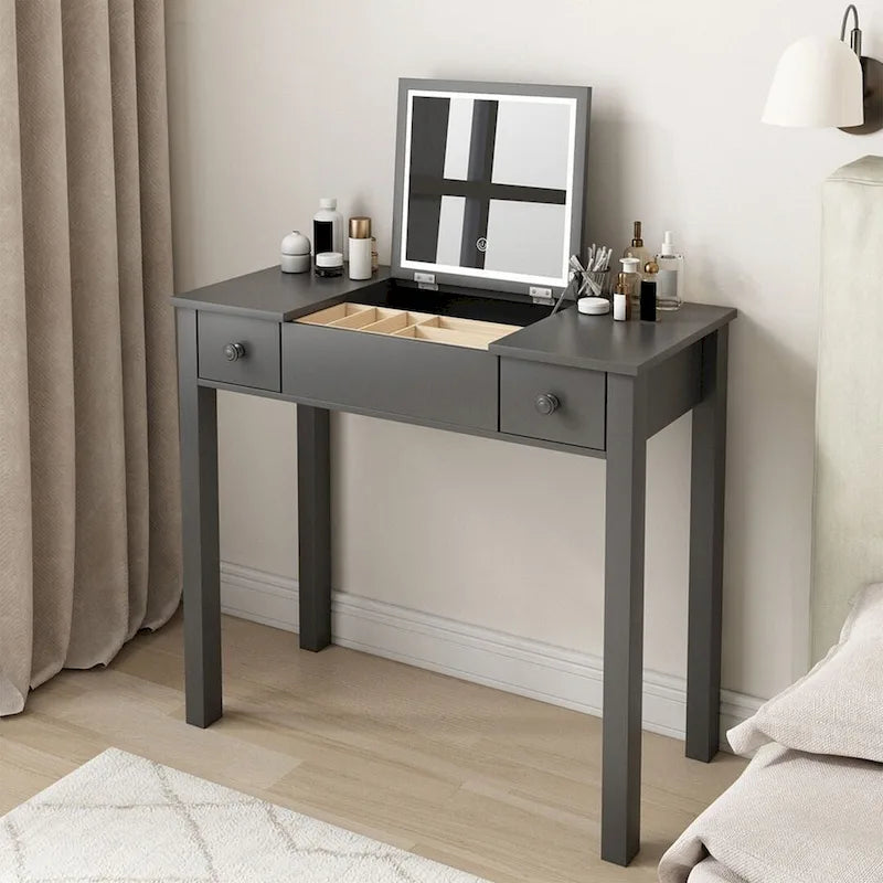 Coiffeuse grise/blanche avec miroir rabattable et lumières LED – 1 personne