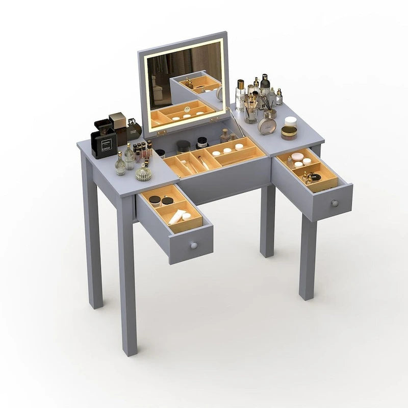 Coiffeuse grise/blanche avec miroir rabattable et lumières LED – 1 personne