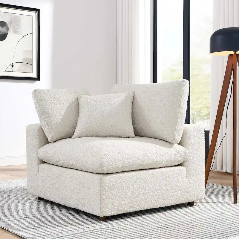 Fauteuil d'angle en bouclette ivoire / gris clair / noir, 1 place, 102 cm L x 102 cm P x 89 cm H
