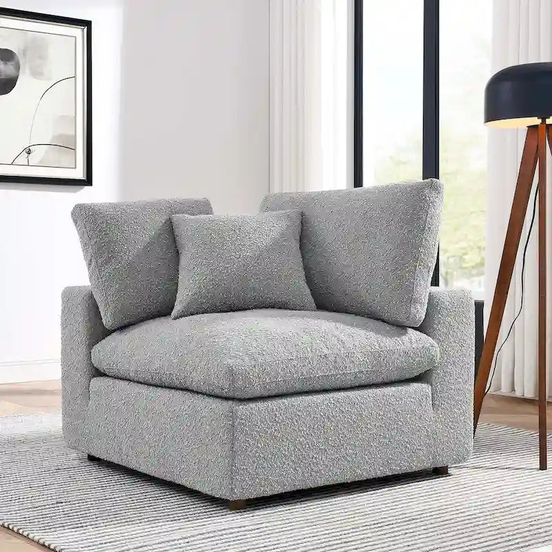 Fauteuil d'angle en bouclette ivoire / gris clair / noir, 1 place, 102 cm L x 102 cm P x 89 cm H