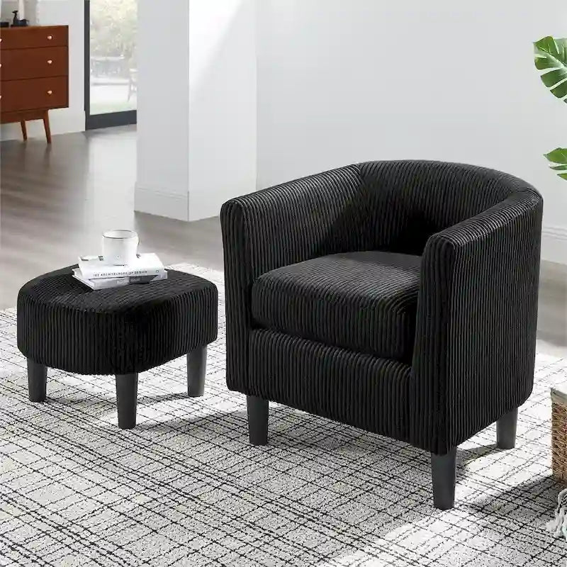 Fauteuil d'appoint et ottoman en velours côtelé – Noir / Blanc / Jaune / Gris / Vert, 2 pièces, 1 personne