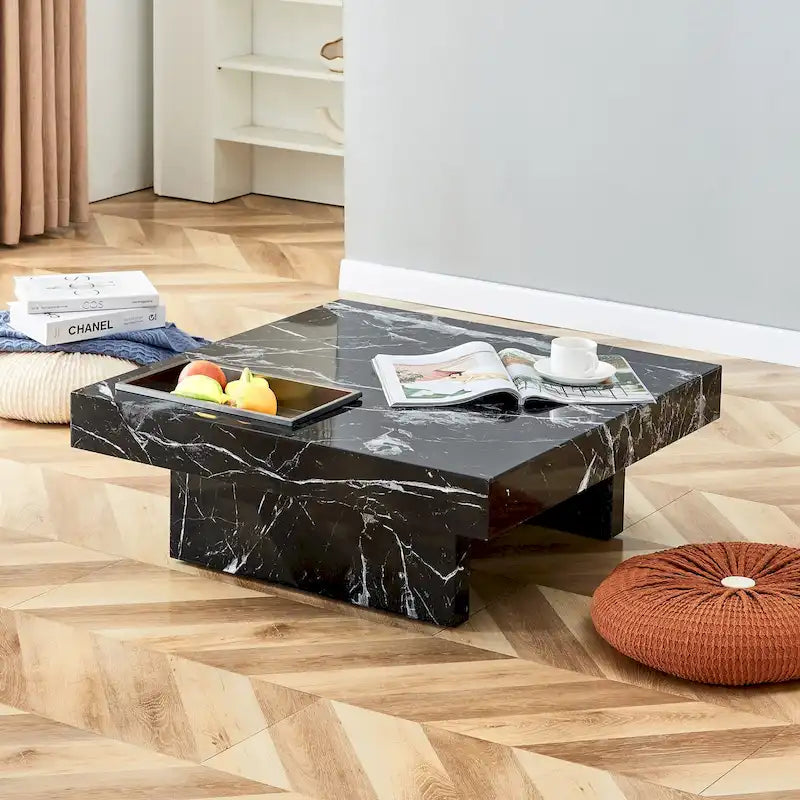 Table basse carrée noire/blanche avec fente de rangement — MDF, 4 places assises