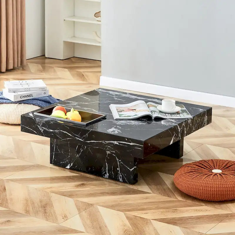 Table basse carrée noire/blanche avec fente de rangement — MDF, 4 places assises