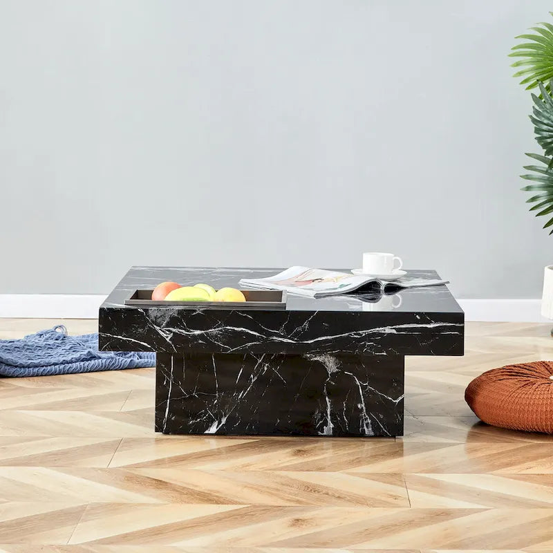 Table basse carrée noire/blanche avec fente de rangement — MDF, 4 places assises