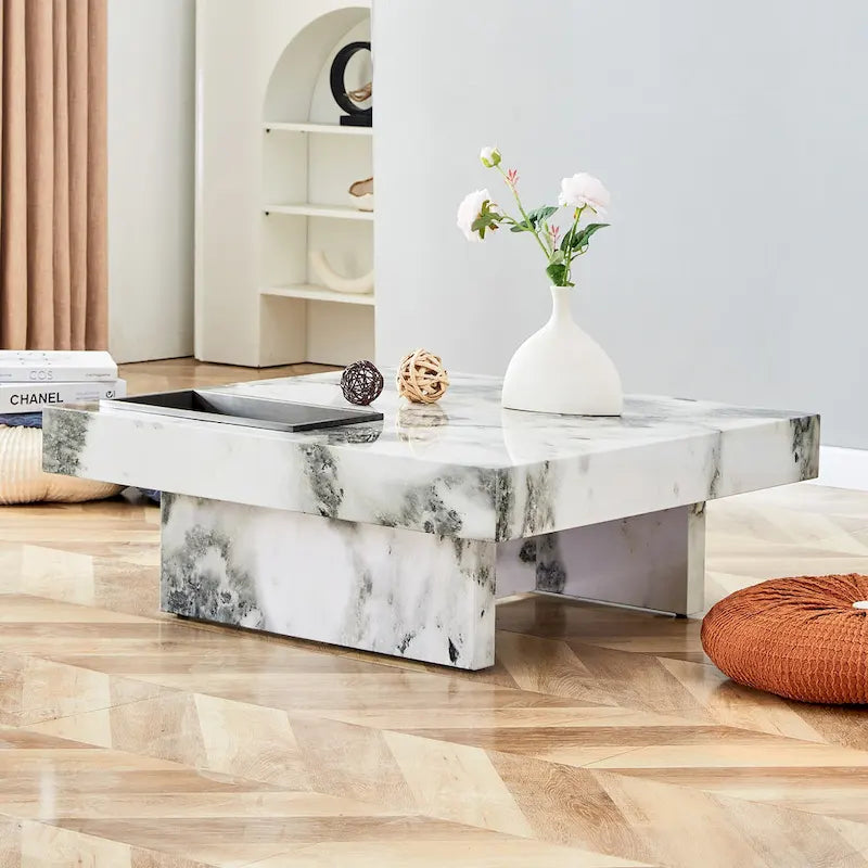 Table basse carrée noire/blanche avec fente de rangement — MDF, 4 places assises