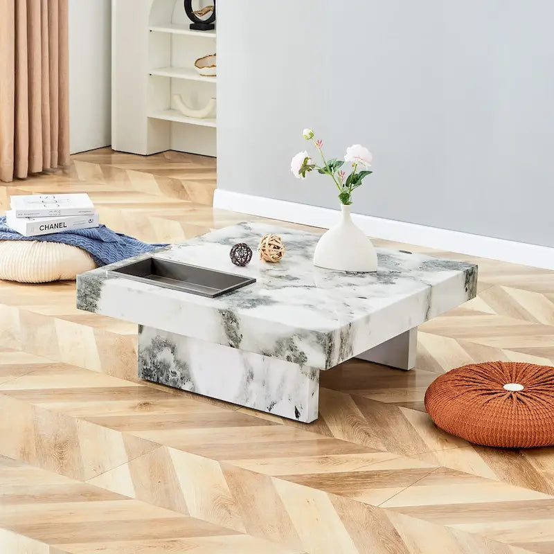 Table basse carrée noire/blanche avec fente de rangement — MDF, 4 places assises