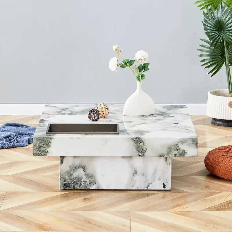 Table basse carrée noire/blanche avec fente de rangement — MDF, 4 places assises