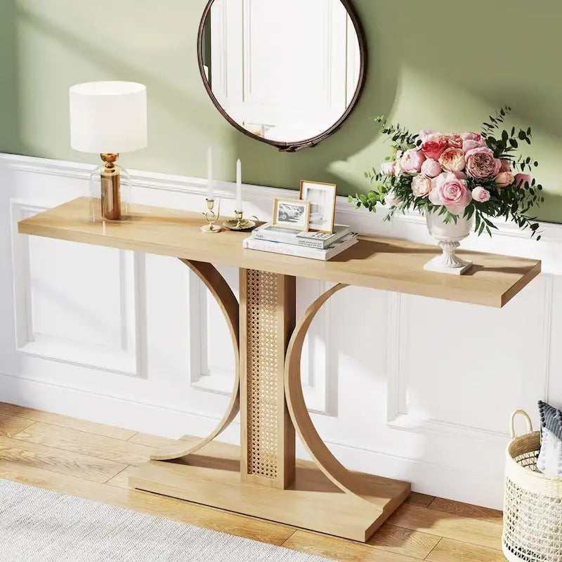 Console en rotin avec plateau en bois naturel de 55 po, 1 personne