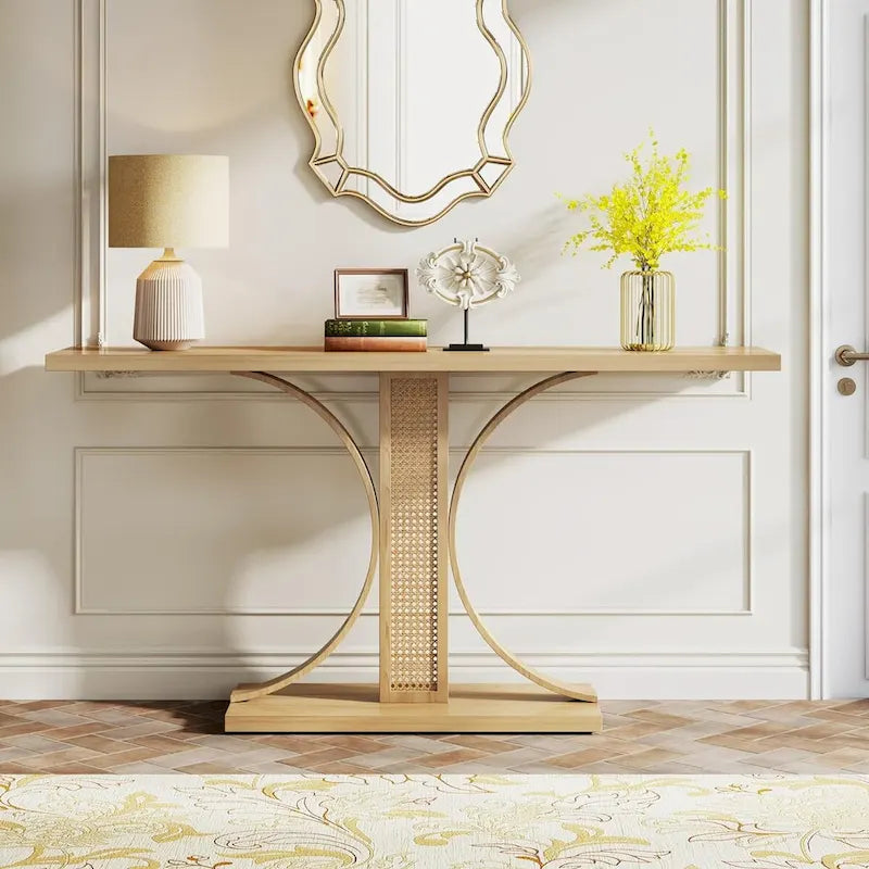 Console en rotin avec plateau en bois naturel de 55 po, 1 personne