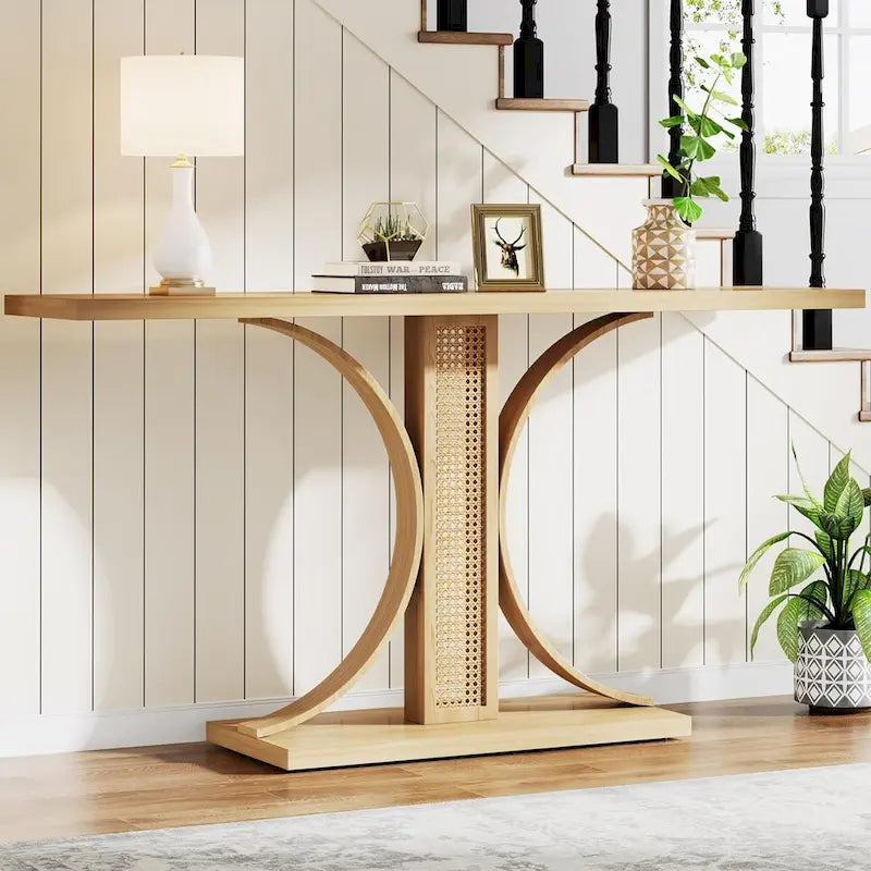 Console en rotin avec plateau en bois naturel de 55 po, 1 personne