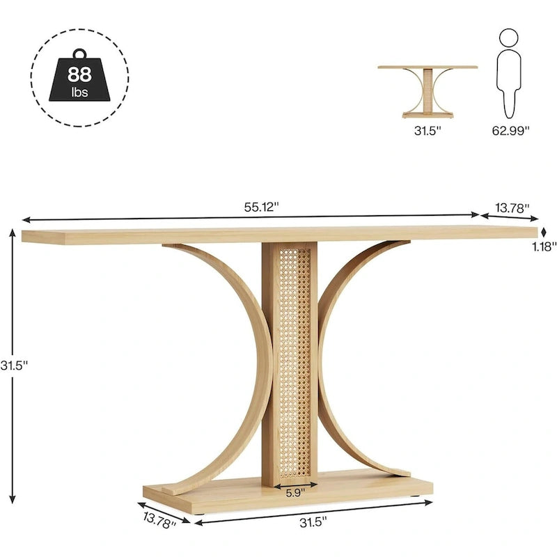 Console en rotin avec plateau en bois naturel de 55 po, 1 personne