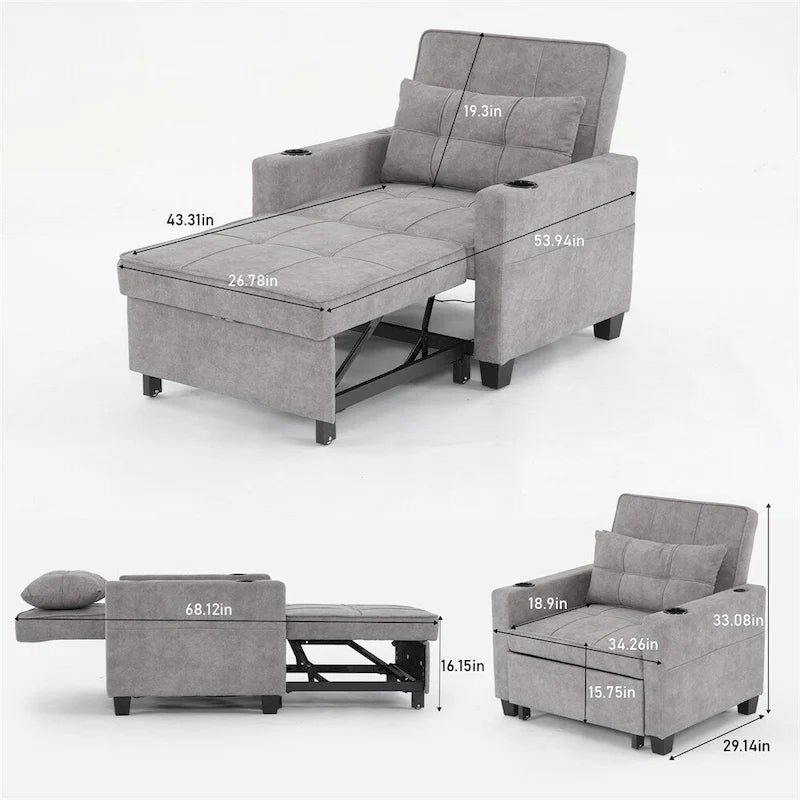 Fauteuil Futon Convertible avec Ports USB — Vert / Gris Foncé / Gris Clair, 1 place